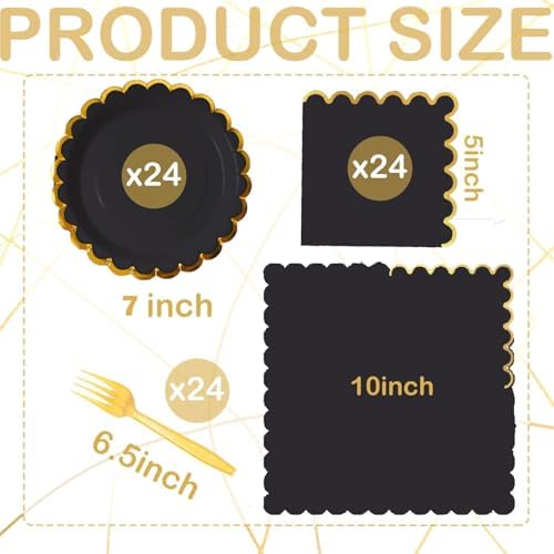 black & gold scalloped party plates with napkins and fork gold foil border, 24 Guest Black disposable Tableware Set Party Decoration for Birthday Coquette Bridal Baby Shower Valentines - Image 5