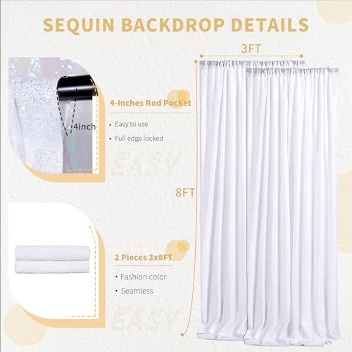 3x8FT White Backdrop Curtains 2 Panels White Wedding Sequin Fabric Drapes - Image 4