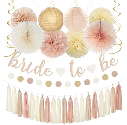 Champagne-Gold Beige Fall Bridal-Shower Party-Decorations - 36pcs Bride To Be Banner,Bachelorette Paper Lanterns,Wedding Streamers Garland,Boho Peach Tissue Pom Poms Flower Fan Decor Supplies Burgleda by Burgleda