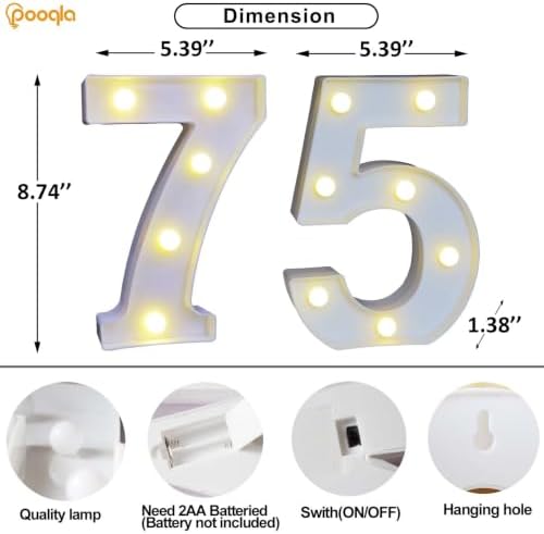 Pooqla Decorative Led Light Up Number Letters, White Plastic Marquee Number Lights Sign for 75th Birthday Party Wedding Decor Battery Operated Number (75) - Image 4