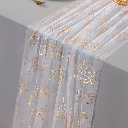 Snowkingdom 10ft Fall Table Runner, Gold Maple Leaves Thanksgiving Table Decorations, White Gauze Chiffon Sheer Cheesecloth Runner for Autumn Harvest Glitter Sparkle Dining Party Decor 120 Inches by Snowkingdom