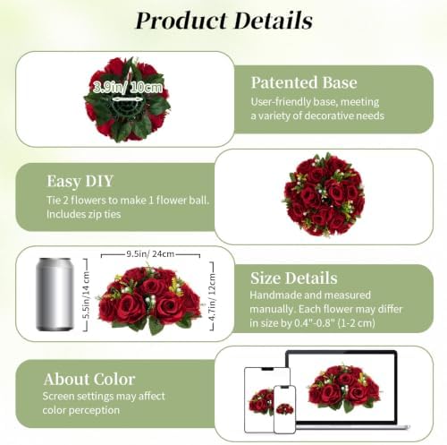 BLOSMON Rose Flower Balls for Table Centerpieces, Crimson, 2 Pcs, Reusable - Image 5