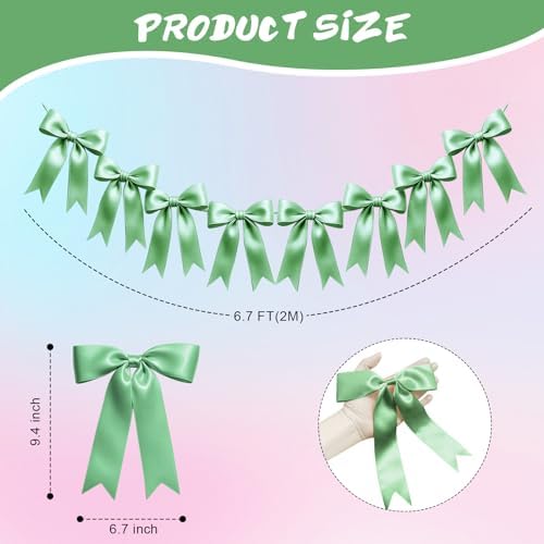 2 Strings of 16PCS Sage Green Bow Garlands Banner Decoration,Pre-Strung Satin Ribbon Ornaments for Birthday,Bachelorette Party,Bridal Shower,Wedding,Engagement,Baby Shower,Graduation Decor,Anniversary - Image 2
