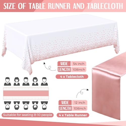 Breling 8 Pack White and Rose Gold Tablecloths and Satin Runners Set - Image 2