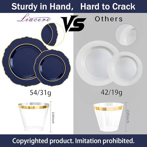 Liacere 350PCS Navy Blue Plastic Patriotic Plates-Disposable Blue Gold Plates 50guest Plastic Dinnerware include 100Plates,50Pack Pre Rolled Napkins with Silverware 50Cups for Party/Wedding/Halloween - Image 6