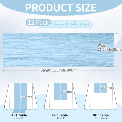 12 Pack Baby Blue Cheesecloth Table Runner 10Ft, Gauze Table Runners 21.5 x 120 inch,Semi Sheer Cheese Cloth Fabric Runner Bulk for Wedding,Party,Baby Shower,Bridal Shower - Image 2