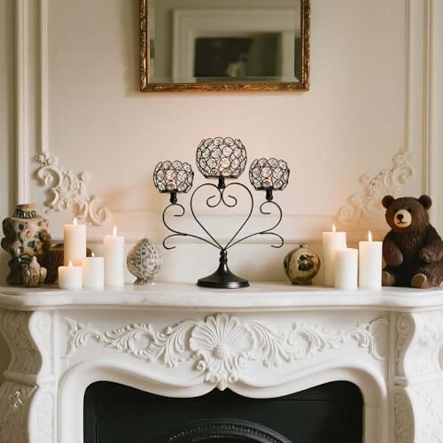 6 Pcs 3-Arm Heart Tea Light Candle Holder - Crystal & Metal Wedding Centerpiece Decor, Sparkling Table Decor for Anniversaries/Romantic Tabletop Home/Dinner Party/Events (6, Black) - Image 6
