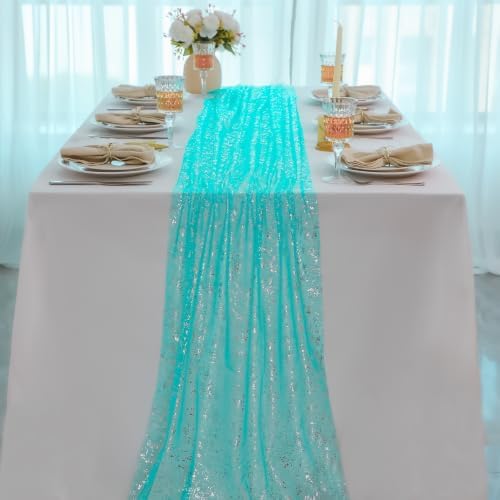 3Pcs Aqua Silver Table Runner 10Ft Metallic Foil Shimmer Sheer Gauze Decor - Image 5