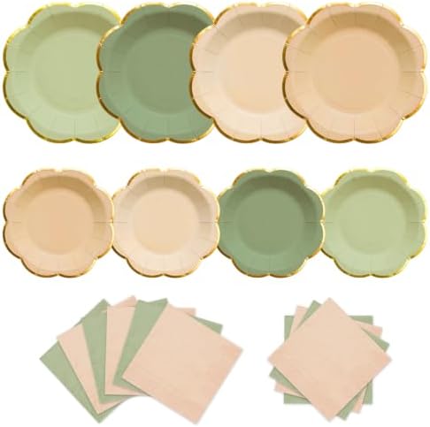 60pcs Sage Green and Nude Disposable Paper Plates & Napkins Set for 20 by OuMuaMua