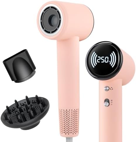 High Speed Ionic Hair Dryer with Diffuser – 160,000 RPM Brushless Motor for Fast Drying, Lightweight Travel Blow Dryer with Concentrator Nozzle for Women Men, Pink by Chignon