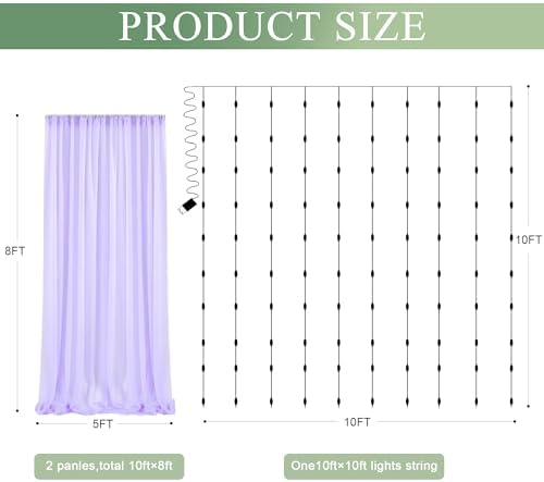 Tulle Backdrop Curtain with Lights 10x8FT Lavender Sheer Curtains - Image 2