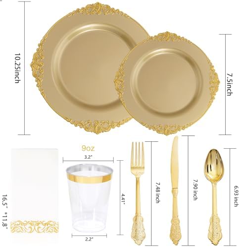 Morejoy 175PCS Solid Gold Plastic Plates with Gold Rim,Dinnerware plate Set - Image 5