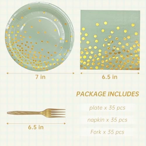 Serve 35 Guests Sage Green and Gold Paper Plates and Napkins Party Supplies - Image 2
