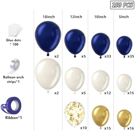 Navy Blue Gold Balloon Arch Garland Kit 153pcs, Double Stuffed Pearl White Royal Blue Chrome Gold Confetti Balloons for Birthday Graduation Baby Shower New Year Bridal Wedding Party Decoration - Image 2