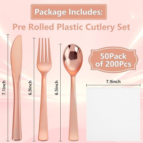 50Pack Pre Rolled Rose Gold Plastic Silverware Heavy Duty for Party - Image 3