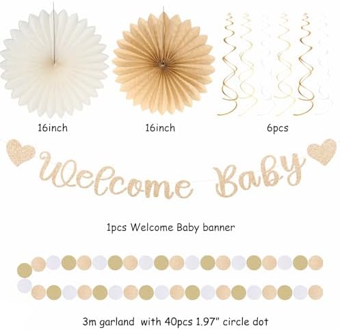 Champagne-Gold Fall Boho Baby Shower Party-Decorations - 21pcs Girls Welcome Baby Banner,Beige One Sweet Peach Paper Lanterns Pom Poms, Neutral Streamers Garland Decor Favors Huglony - Image 3