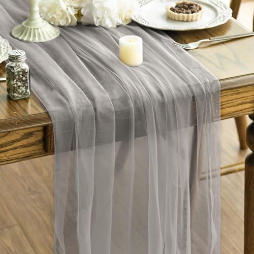 Artoid Mode 3PCS Grey Gauze Table Runner 120 Inch 10FT, Seasonal Sheer Kitchen Dining Holiday Wedding Birthday Baby Shower Table Decor for Home Party by ArtoidMode