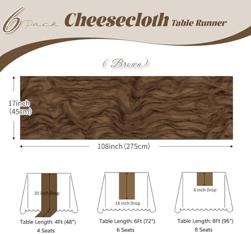 6 Pack Brown Cheesecloth Table Runner, 17 x 108 inch, Semi Sheer Boho Cheese Cloth Fabric Table Runner Bulk for Wedding, Birthday, Party, Holiday, Home Decor (Brown) - Image 3