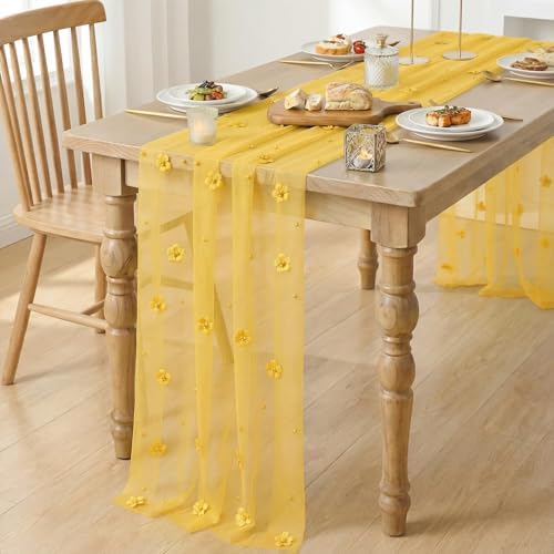 Artoid Mode Yellow Flower Pearl Yellow Gauze Table Runner 10FT, Seasonal Sheer Dining Holiday Wedding Birthday Baby Shower Table Decor for Home Party - Image 4