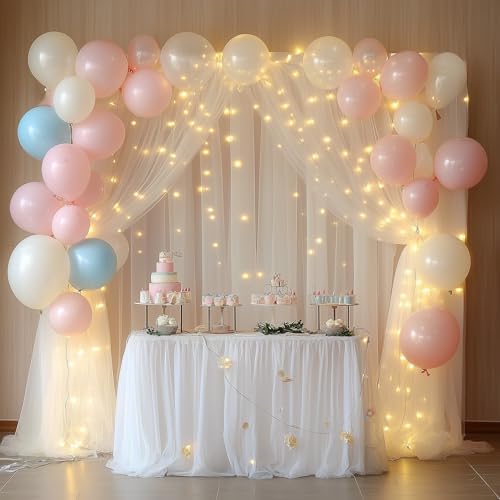 Tulle Backdrop Curtain with Lights 30x8FT Ivory Sheer Curtains - Image 5