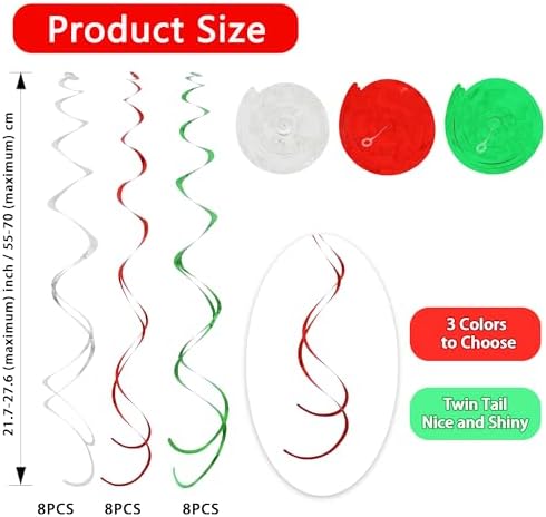BEISHIDA Red Green Silver Hanging Swirls Party Decorations Plastic Streamer for Christmas Hanging Ornament Decorations, Christmas Wedding Graduation Party Supplies, Pack of 24 - Image 2