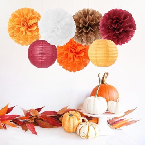 Brown Burgundy-Orange Party-Decorations Paper-Flowers Lanterns - 15PCS Fall Boho Tissue Pom Poms Streamers,Baby Bridal Shower Rustic Wedding Neutral Birthday Coffee Halloween ThanksgivingDecor Hugfond - Image 4