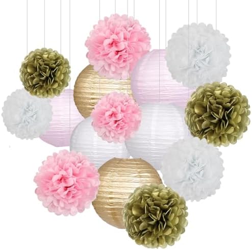 Paper Lanterns Paper Pom Poms Pink and Gold Party Decorations 15pcs by zilue