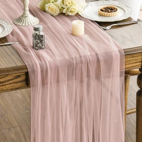 Artoid Mode 10PCS Dusty Rose Gauze Table Runner 120 Inch 10FT, Seasonal Sheer Kitchen Dining Holiday Wedding Birthday Baby Shower Table Decor for Home Party by ArtoidMode