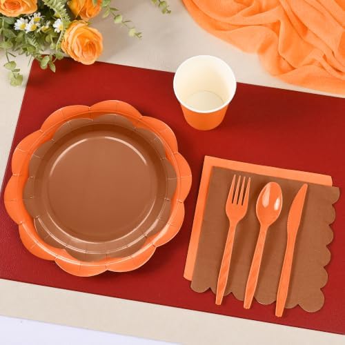 350 Pcs Orange Brown Fall Party Supplies - Red Orange Yellow Autumn Tableware set Include Gradient Scalloped Plate Napkin Cup & Cutlery for Thanksgiving, Fall Wedding, Harvest Party - Image 3
