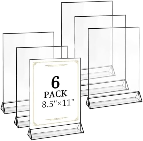 Floroom 6 Pack 8.5x11 Inch Clear Acrylic Sign Holders, Black Border Double-Sided Vertical Picture Frames & Display Stands for Table Numbers, Photos, Menus, Flyers, Weddings, Parties & Events by Floroom