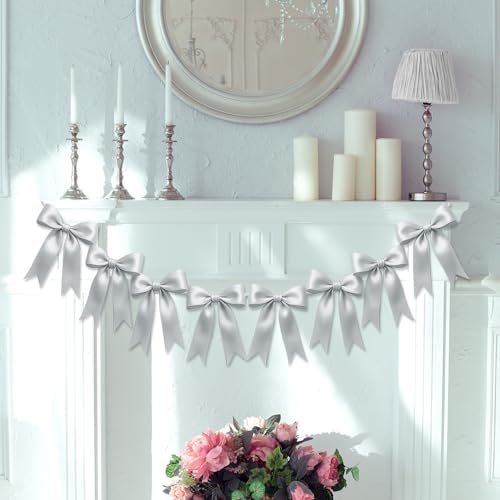 1 String of 8PCS Silver Bow Garland Banner Decoration,Pre-Strung Satin Ribbon Ornaments for Birthday,Bachelorette Party,Bridal Shower,Wedding,Engagement,Baby Shower,Graduation Decor,Anniversary - Image 5