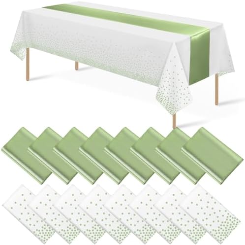 16Pack Plastic Tablecloths and Satin Table Runner Set Disposable White and Sage Green Dot Table Cloth Green Satin Table Runner for Wedding Birthday Baby Shower Anniversary Holiday Party Decorations by MASHAN