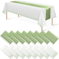 16Pack Plastic Tablecloths and Satin Table Runner Set Disposable White and Sage Green Dot Table Cloth Green Satin Table Runner for Wedding Birthday Baby Shower Anniversary Holiday Party Decorations by MASHAN
