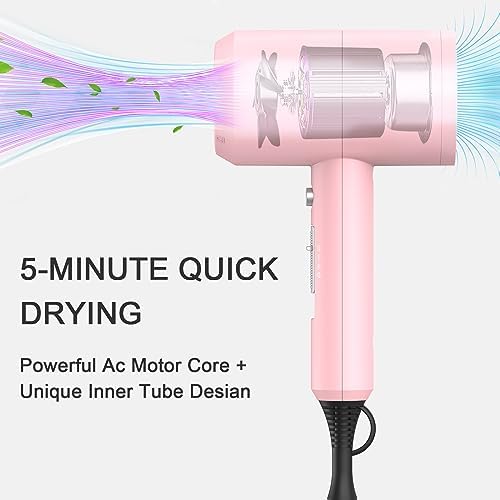slopehill Professional Ionic Hair Dryer, Powerful 1800W Fast Drying Low Noise Blow Dryer with 2 Concentrator Nozzle 1 Diffuser Attachments for Home Salon Travel (Pink) - Image 2