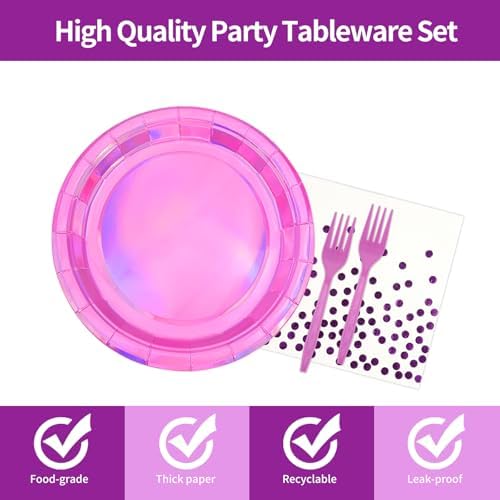 72Pcs Iridescent Pink Plates and Napkins Party Supplies, Hot Pink Holographic Disposable Paper Plates Napkins with Forks Tableware Set for Birthday Graduation Kpop Party Decorations - Image 3