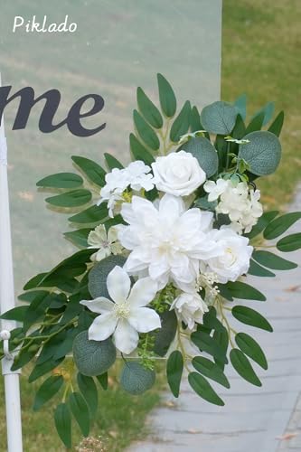 Faux Flower Swag Set of 2 for Wedding Welcome Signs Floral Swag Wedding Reception Ceremony Signs Decor (White & Green) - Image 2