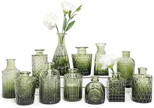 SUPMIND 12pcs Glass Bud Vase Set, Green Small Flower Vases for Centerpieces by SUPMIND