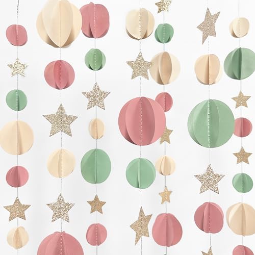 Champagne Gold Sage Green Dusty Rose Pink Beige 3D Polka Dot Star Hanging Streamer Circle Dot Star Banner Garland for Girl Wild Safari Jungle Woodland Birthday Party Decorations Supplies - Image 4