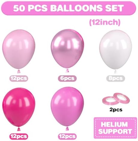 Pink Balloons, 50 Pcs Rose Pink White for Girls Birthday Baby Shower Party - Image 2