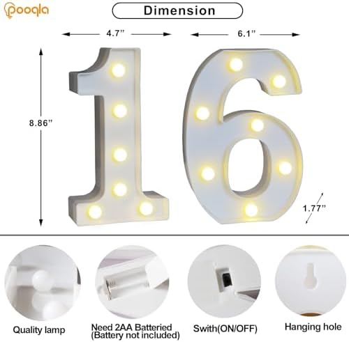Pooqla Decorative Led Light Up Number Letters, White Plastic Marquee Number Lights Sign 16th Birthday Decorations for Girls Boys Party Wedding Decor Battery Operated Number (16) - Image 4