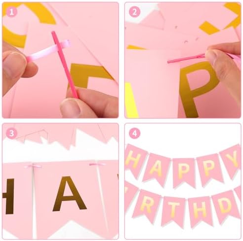 Pink Happy Birthday Banner Hanging Sign Circle Dot Triangle Bunting - Image 7