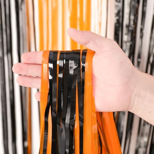 Voircoloria Black Orange Foil Fringe Backdrop Curtains,3.3x8.2ft, 3 Pack - Image 2