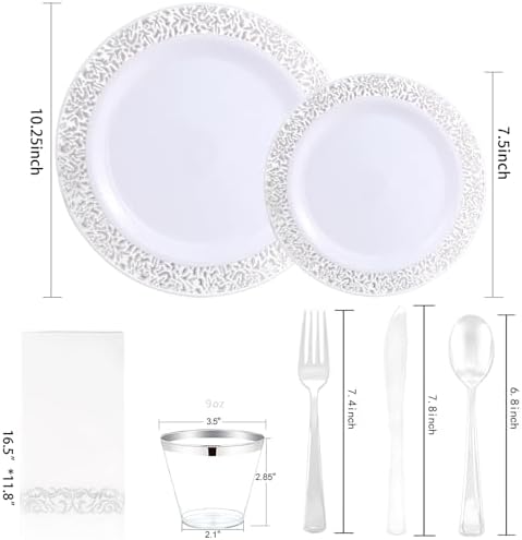 WELLIFE 350pcs Silver Party Dinnerware Set for 50 Guests, Silver Wedding Plates Disposable Heavy Duty, Including :50 Dinner Plates, 50 Dessert Plates, 50 Cups, 50 Napkins, 50 Sliver Silverware Set - Image 2