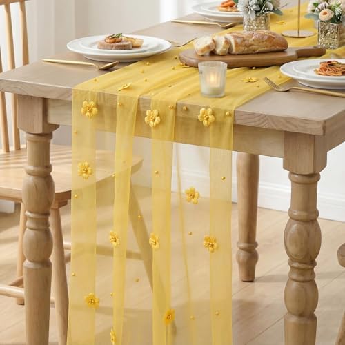 Artoid Mode Yellow Flower Pearl Yellow Gauze Table Runner 10FT, Seasonal Sheer Dining Holiday Wedding Birthday Baby Shower Table Decor for Home Party - Image 3