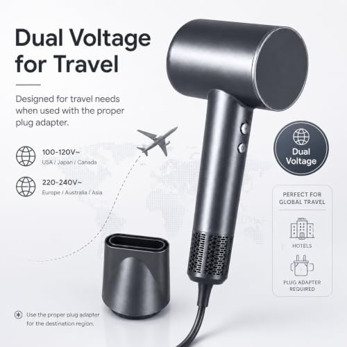 High Speed Hair Dryer Professional Ionic Blow Dryer 150000RPM Brushless Motor 1600W Fast Drying Negative Ionic Hair Dryer Lightweight Blow Dryer Quiet with Magnetic Nozzle for Women Grey - Image 4
