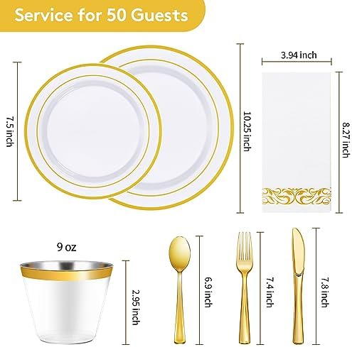 Goodluck 350 Pcs Gold Dinnerware Sets for 50 Guests, Disposable Plate Sets - Image 4