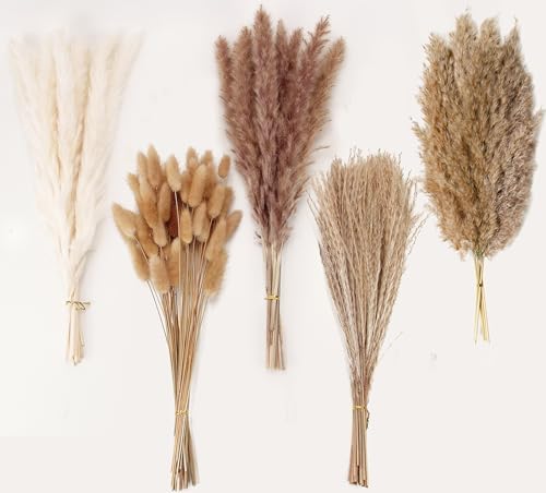 Natural Dried Pampas Grass Decor - 110 Pcs, Contains White Bunny Tails, Artificial Flowers for Bathroom, Office and Baby Shower Decor by ANPROOR