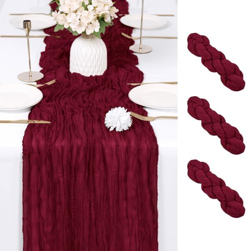 3 Pack Burgundy Cheesecloth Table Runner 17x108 Inch Semi Sheer Boho Gauze Cheese Cloth Fabric Table Runners Table Decor for Wedding Party Baby Shower Birthday Home Decor Garden Farmhouse by Unknown