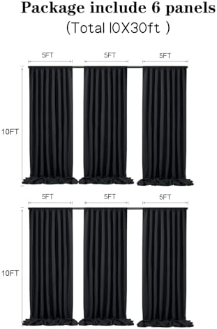 30 ft x 10 ft Thick Black Backdrop Curtain for Parties, 6 Panels Black Polyester Wedding Backdrop Drapes for Birthday Photography Background Party Backdrop Home Decorations - Image 4