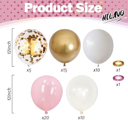 Pink Gold Balloons Set, 60Pcs 12 Inch Pastal Baby Pink Metallic Gold White Balloon with Gold Confetti Latex Balloons for Girls Women Birthday Wedding Baby Bridal Shower Party Decorations Supplies - Image 2